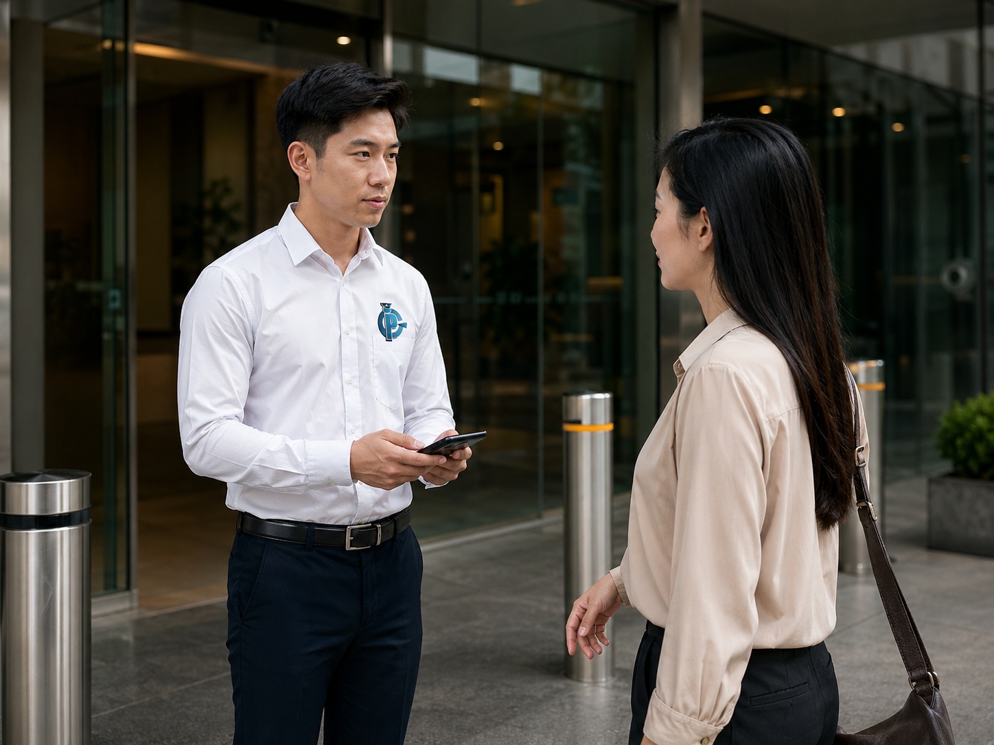 Security officer assisting visitor