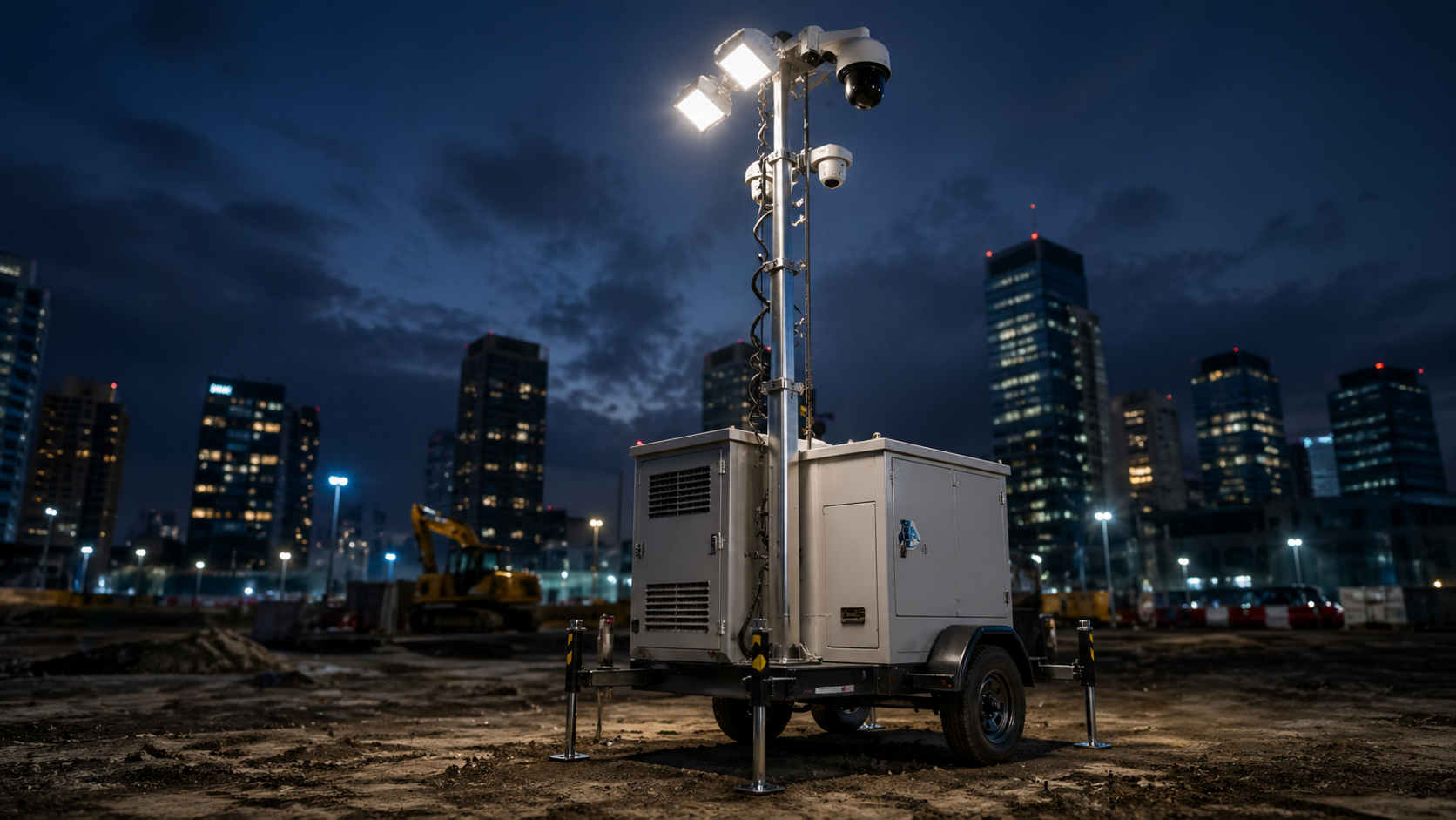Mobile surveillance tower deployed at night
