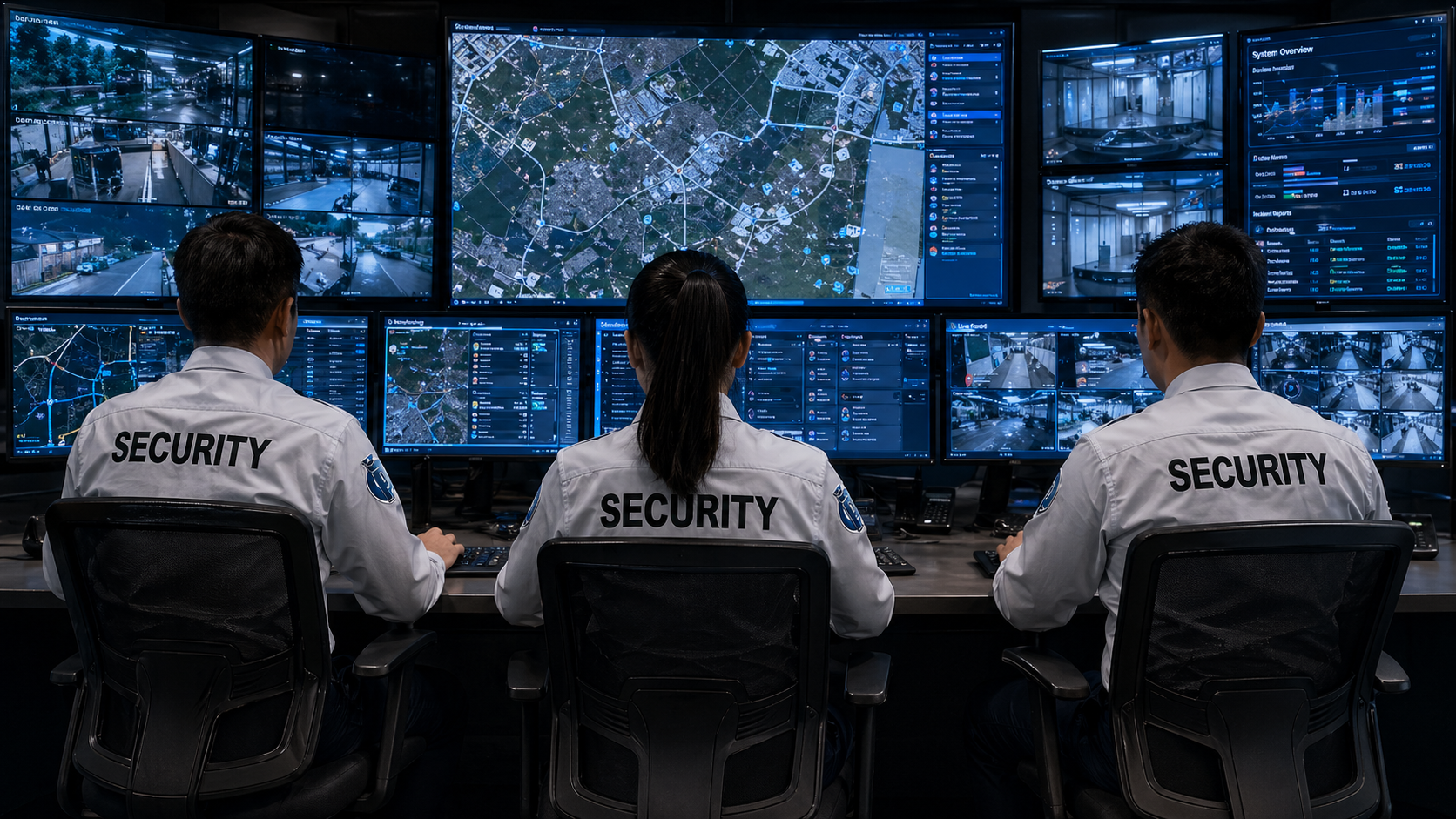 Three security operators at a wall of CCTV monitors in command centre