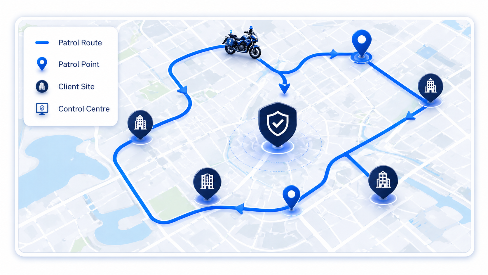 Sentinel Patrol route map showing patrol points, client sites and control centre