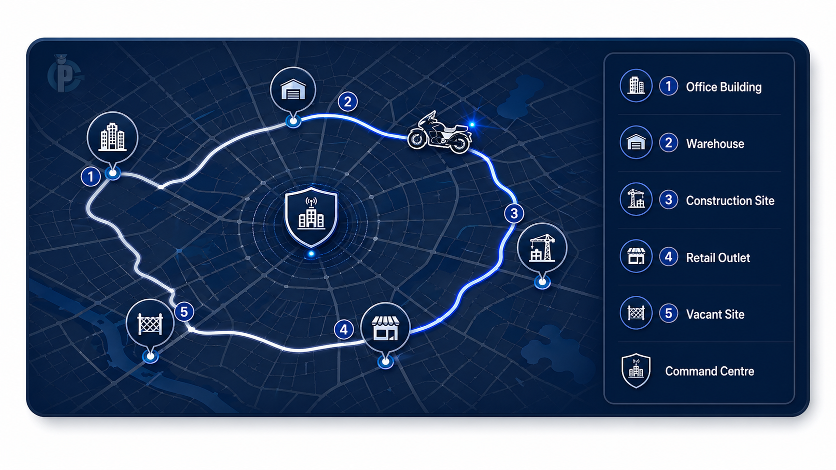 Multi-site patrol route showing five numbered sites and command centre on a dark map