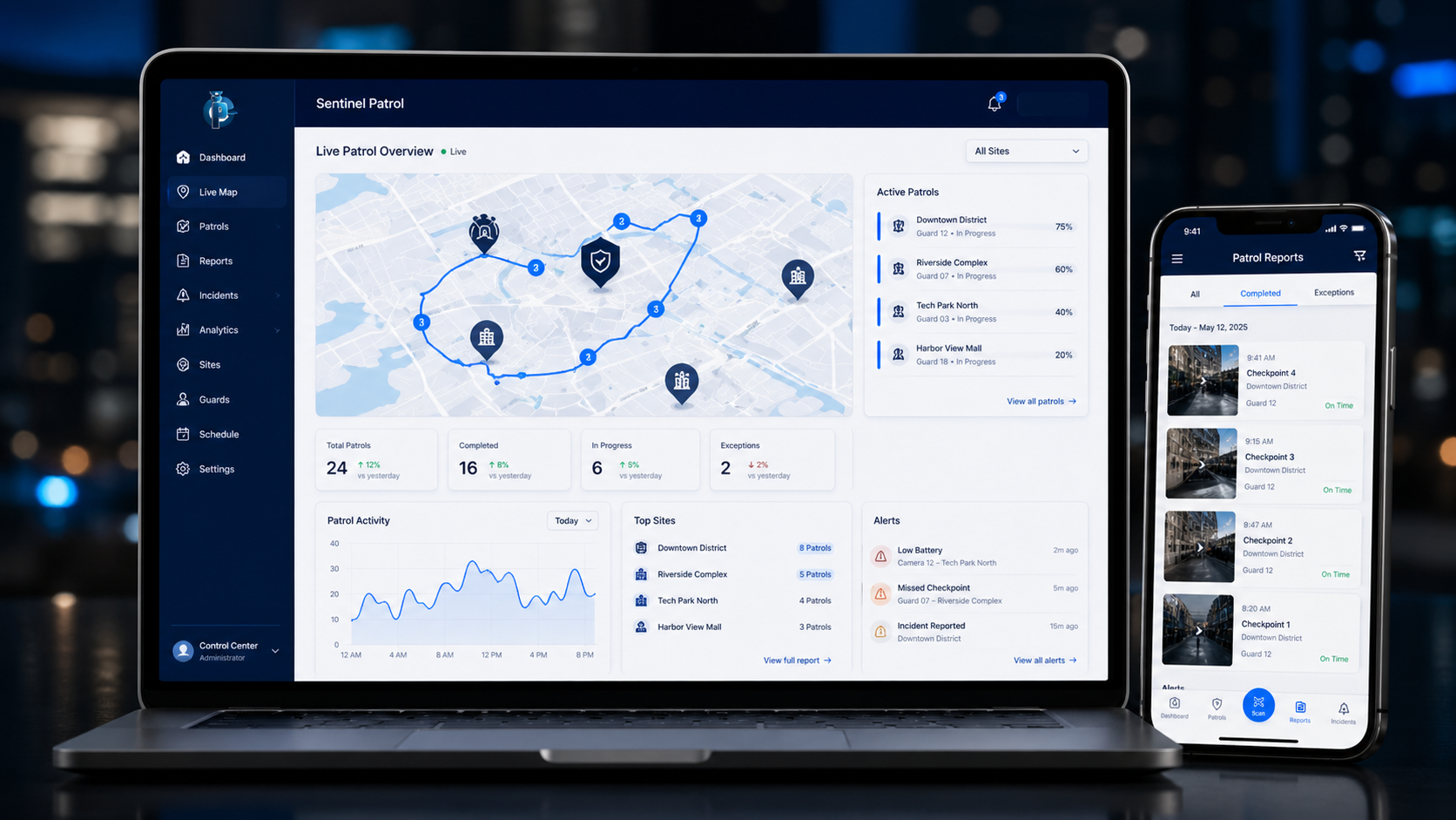 Sentinel Patrol live dashboard on laptop with mobile patrol reports