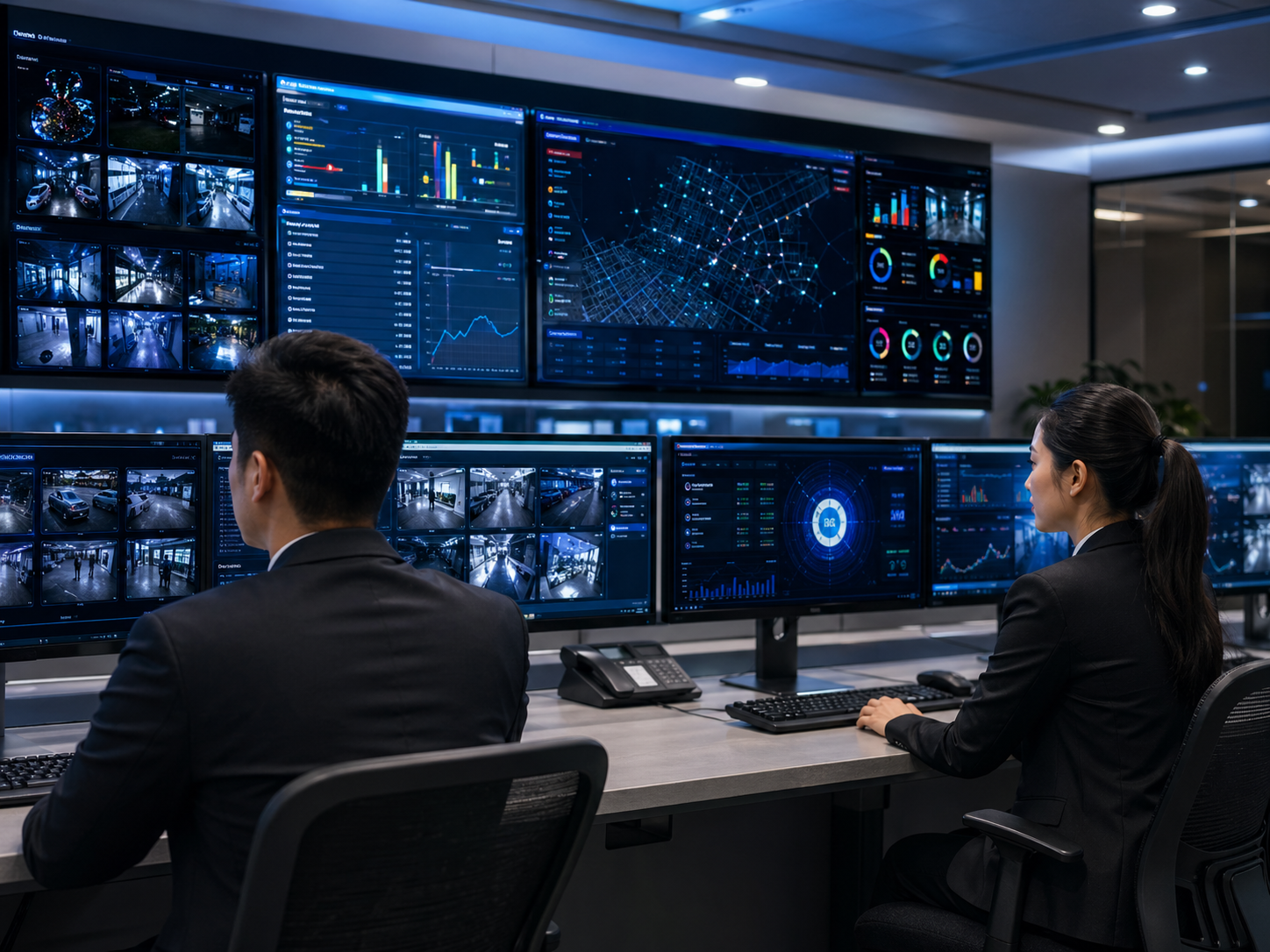 Security operators monitoring integrated security dashboards in command centre