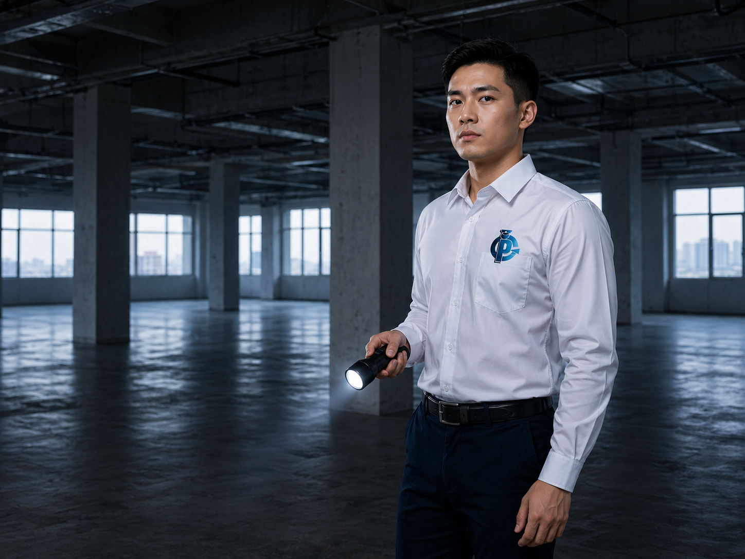 Security officer with flashlight inspecting a vacant building