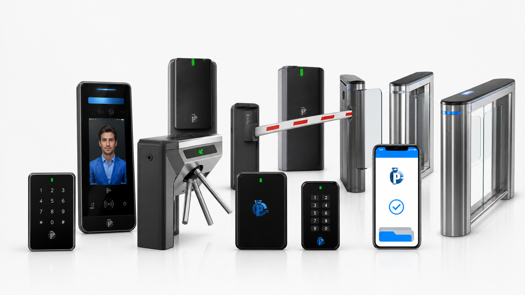 Full PICO access control product lineup including readers, turnstiles, gates and mobile app