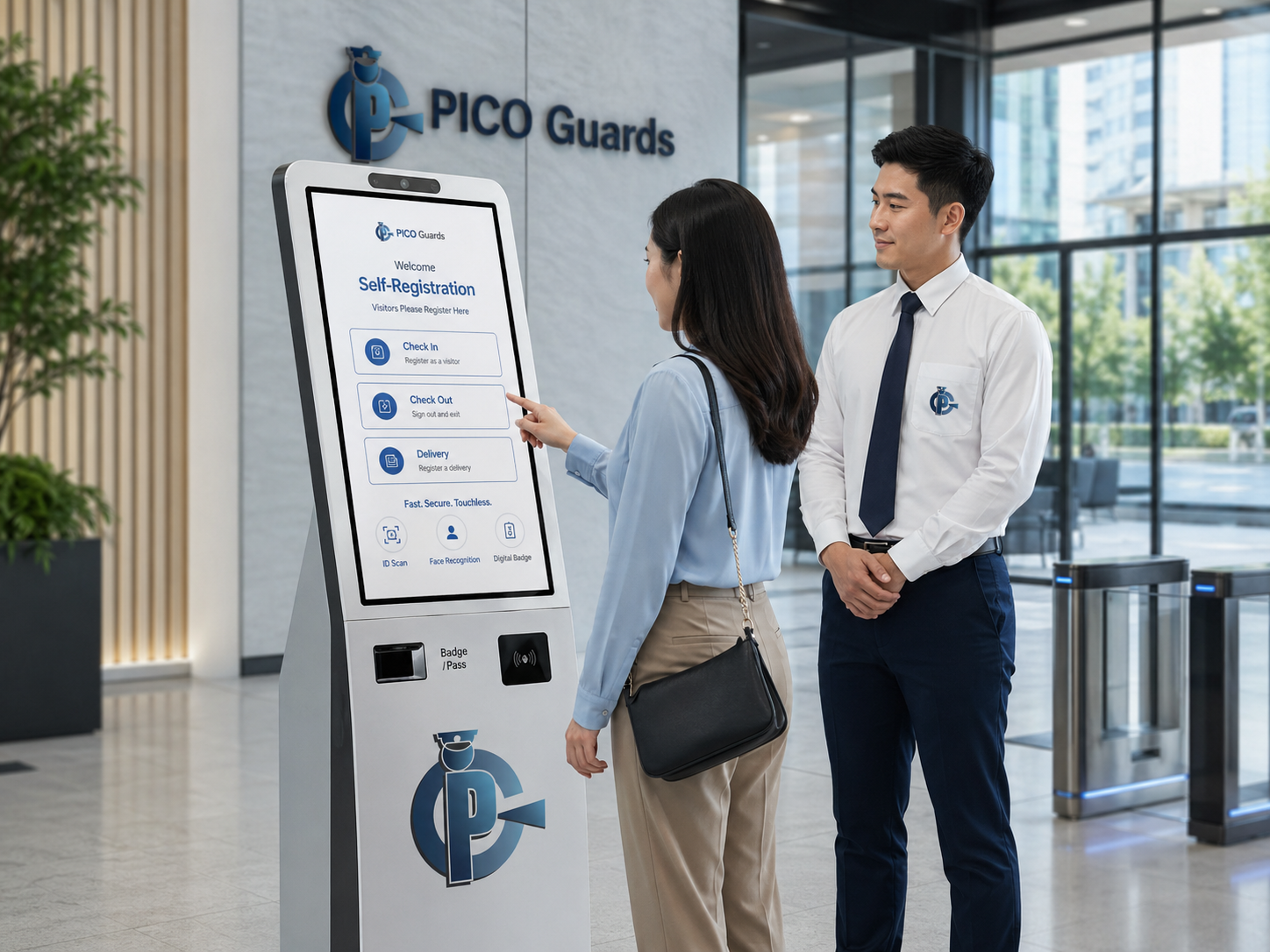 Self-registration kiosk in PICO Guards branded lobby