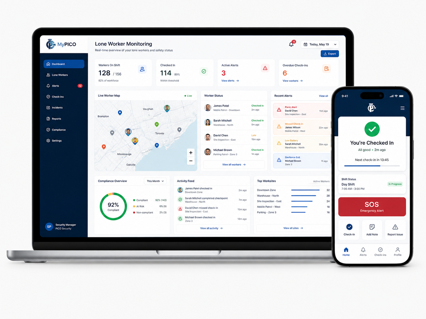 Lone worker app dashboard with live tracking and SOS controls