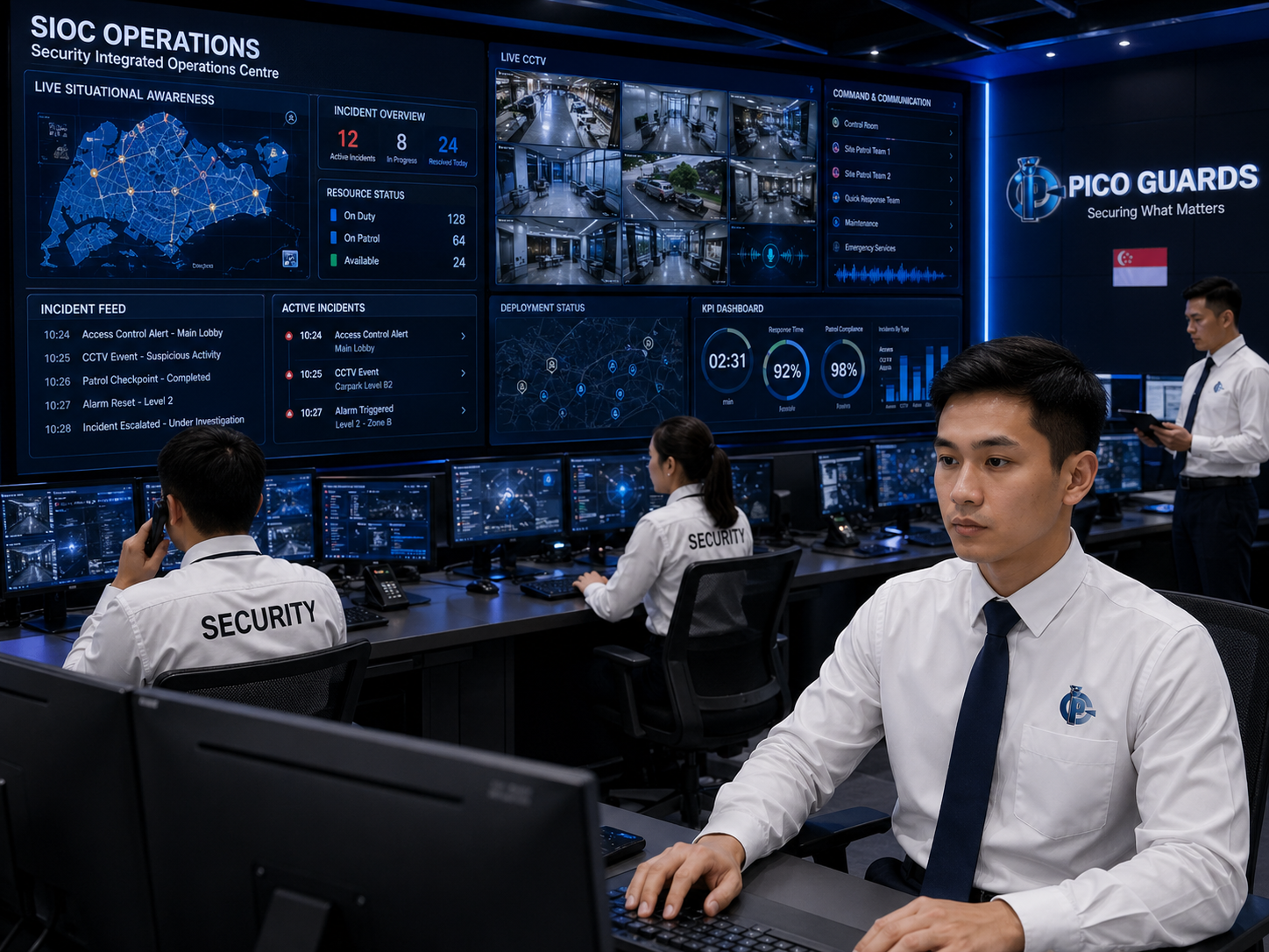 SIOC operators monitoring live situational awareness wall