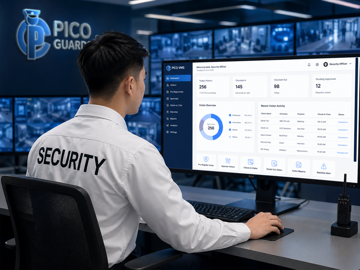 Security officer using the PICO VMS dashboard at command desk